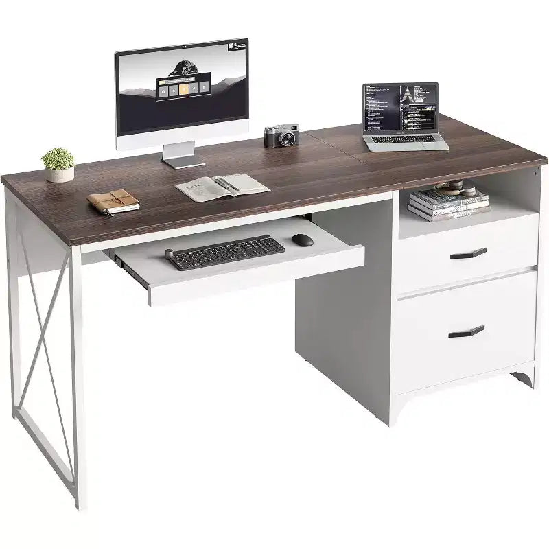 Bestier 55'' Office Desk with Keyboard Tray&File Drawers, Industrial Computer Desk with Storage, Wood Teacher Desk for Home Office