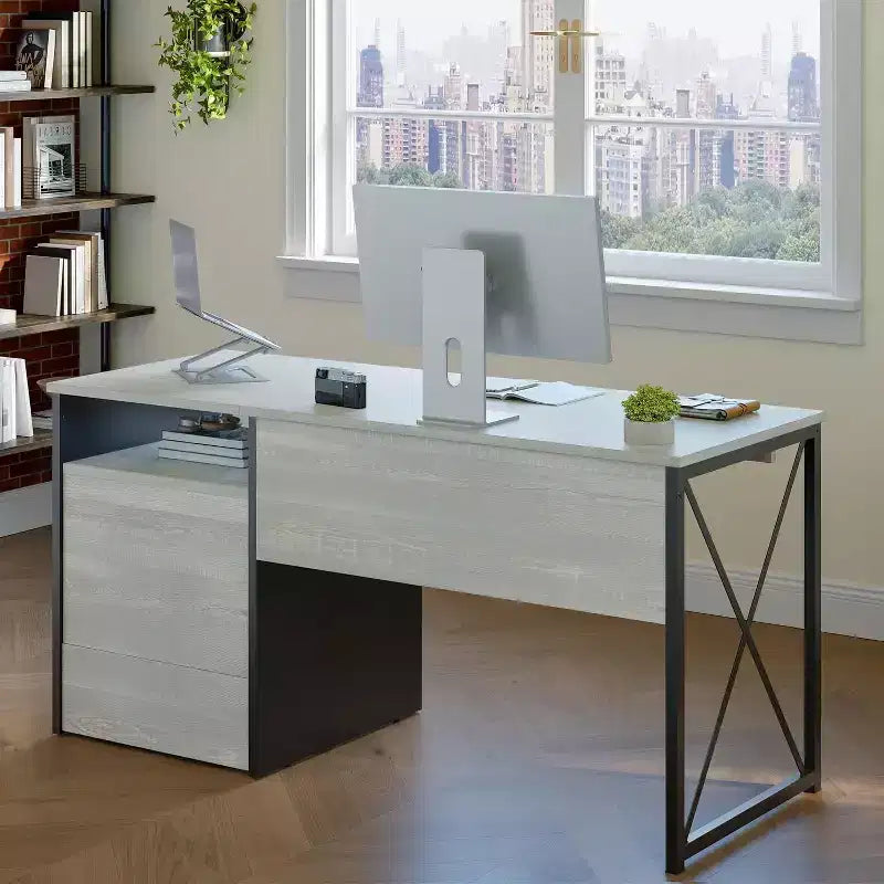 Bestier 55'' Office Desk with Keyboard Tray&File Drawers, Industrial Computer Desk with Storage, Wood Teacher Desk for Home Office