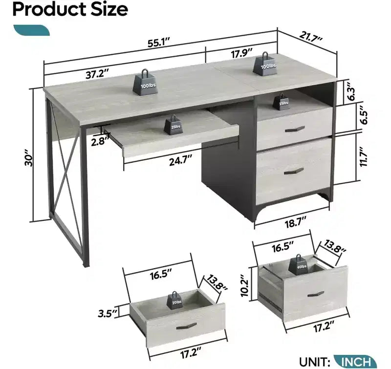 Bestier 55'' Office Desk with Keyboard Tray&File Drawers, Industrial Computer Desk with Storage, Wood Teacher Desk for Home Office