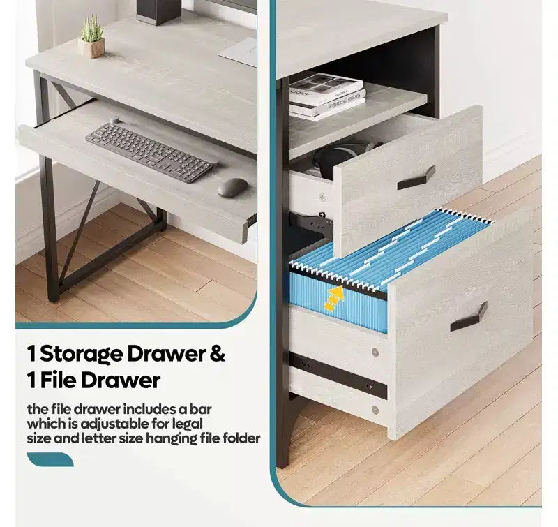 Bestier 55'' Office Desk with Keyboard Tray&File Drawers, Industrial Computer Desk with Storage, Wood Teacher Desk for Home Office