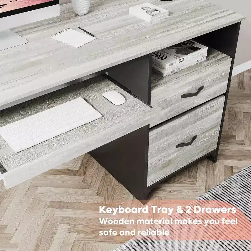 Bestier 55'' Office Desk with Keyboard Tray&File Drawers, Industrial Computer Desk with Storage, Wood Teacher Desk for Home Office