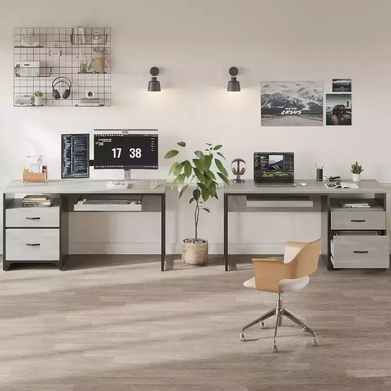 Bestier 55'' Office Desk with Keyboard Tray&File Drawers, Industrial Computer Desk with Storage, Wood Teacher Desk for Home Office