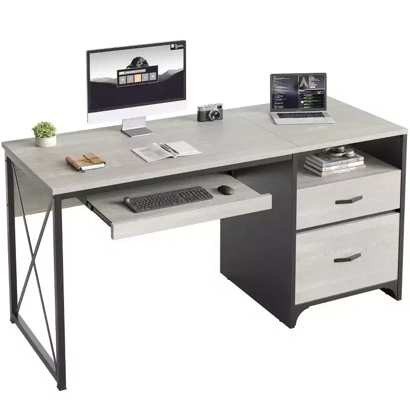 Bestier 55'' Office Desk with Keyboard Tray&File Drawers, Industrial Computer Desk with Storage, Wood Teacher Desk for Home Office