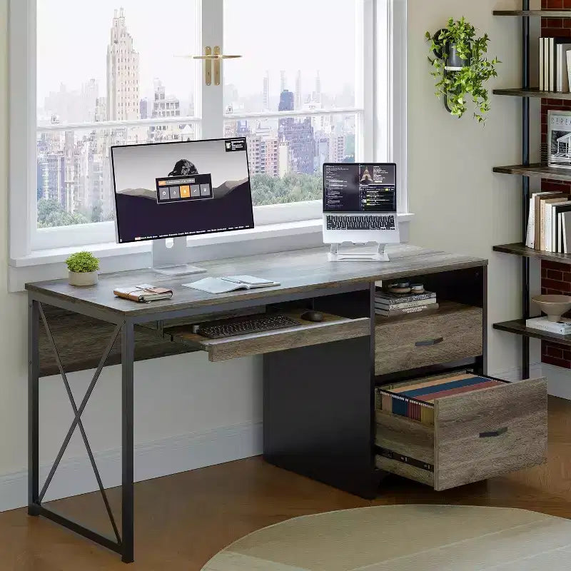 Bestier 55'' Office Desk with Keyboard Tray&File Drawers, Industrial Computer Desk with Storage, Wood Teacher Desk for Home Office