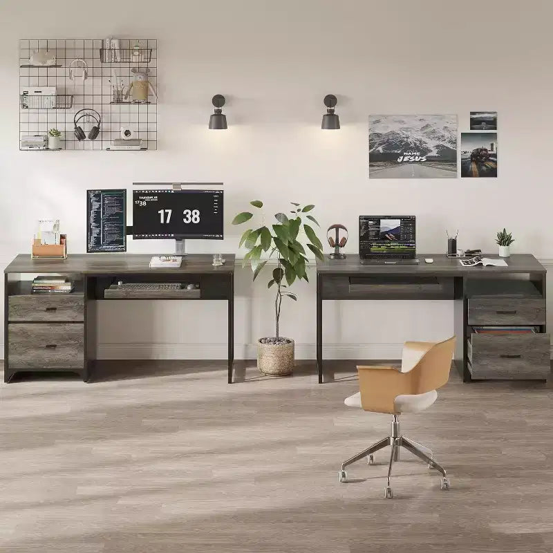 Bestier 55'' Office Desk with Keyboard Tray&File Drawers, Industrial Computer Desk with Storage, Wood Teacher Desk for Home Office