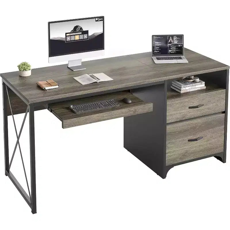 Bestier 55'' Office Desk with Keyboard Tray&File Drawers, Industrial Computer Desk with Storage, Wood Teacher Desk for Home Office