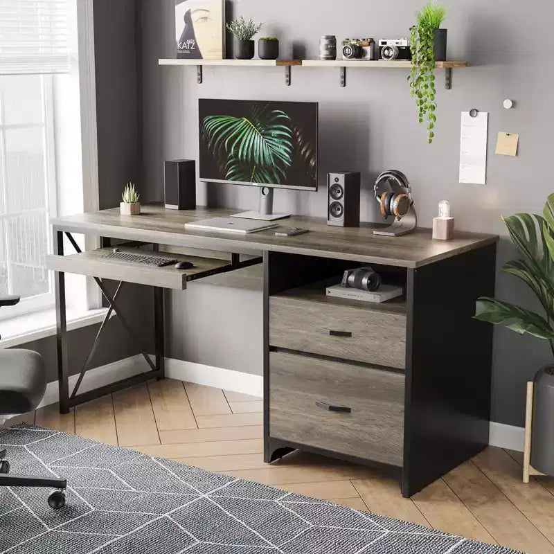 Bestier 55'' Office Desk with Keyboard Tray&File Drawers, Industrial Computer Desk with Storage, Wood Teacher Desk for Home Office
