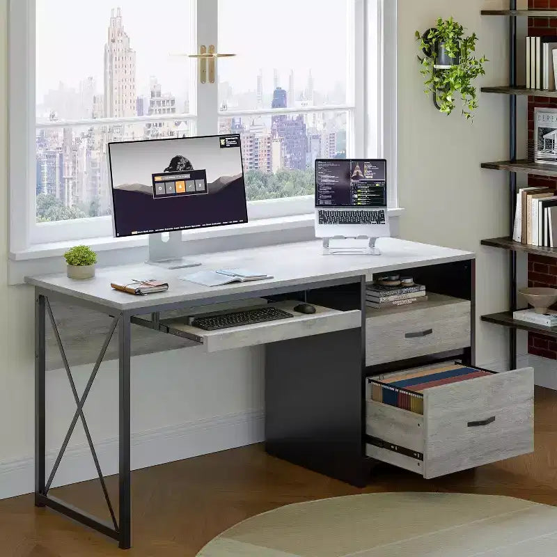 Bestier 55'' Office Desk with Keyboard Tray&File Drawers, Industrial Computer Desk with Storage, Wood Teacher Desk for Home Office