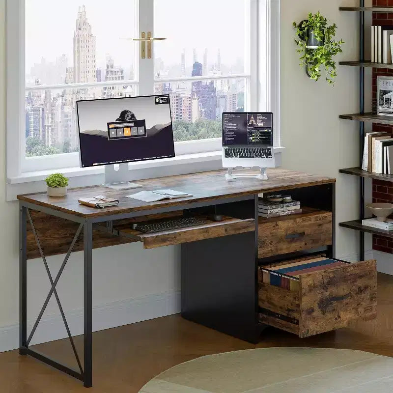 Bestier 55'' Office Desk with Keyboard Tray&File Drawers, Industrial Computer Desk with Storage, Wood Teacher Desk for Home Office
