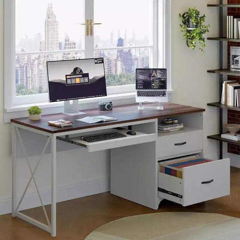 Bestier 55'' Office Desk with Keyboard Tray&File Drawers, Industrial Computer Desk with Storage, Wood Teacher Desk for Home Office