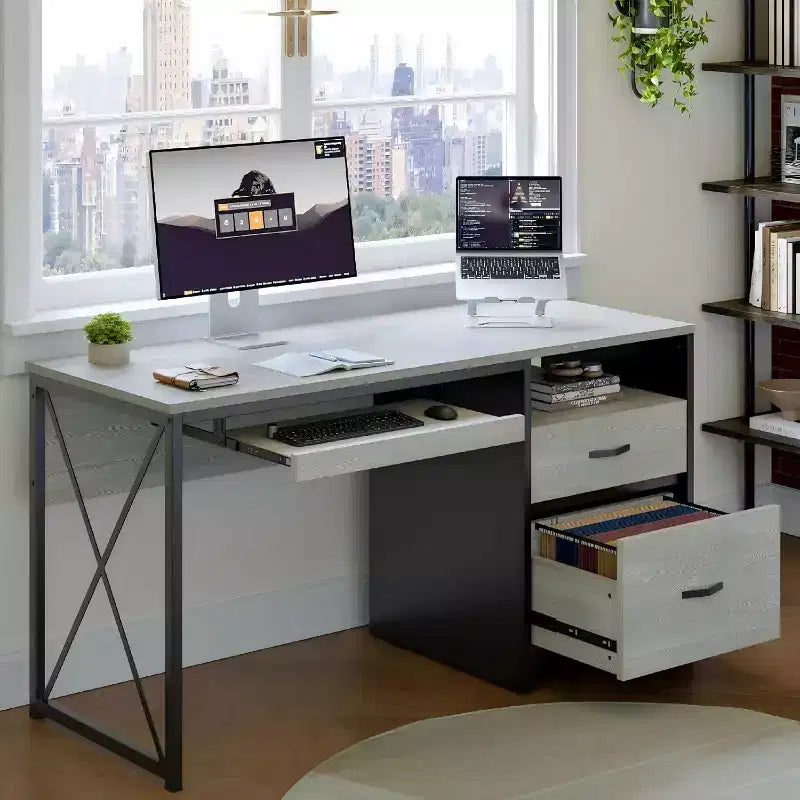 Bestier 55'' Office Desk with Keyboard Tray&File Drawers, Industrial Computer Desk with Storage, Wood Teacher Desk for Home Office