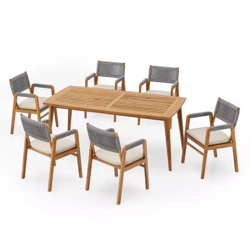 Christopher Knight Home Quinn 7 Pieces Patio Slat Design Acacia Upholstered Dining Set