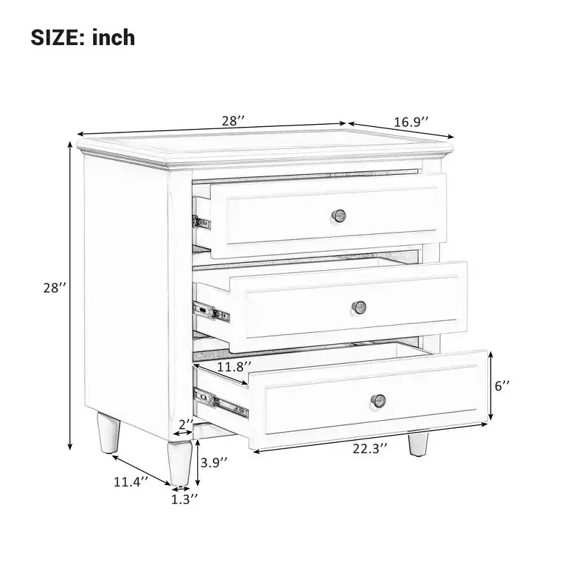 Whisen 28 Modern Minimalist 3-Drawer Nightstand Storage Wood Cabinet Sofa Side Table