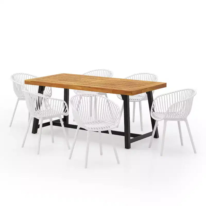 Christopher Knight Home Marley 7 Pieces Patio Modern Acacia Wood and Polypropylene Dining Set, Teak/Black