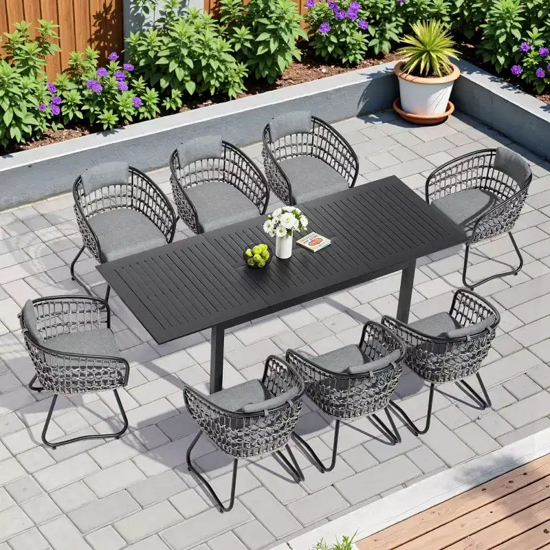 Crestlive Products 9pc Patio Expandable Dining Set Aluminum Outdoor Rectangular Table for 6 to 8 with Ratten Chairs