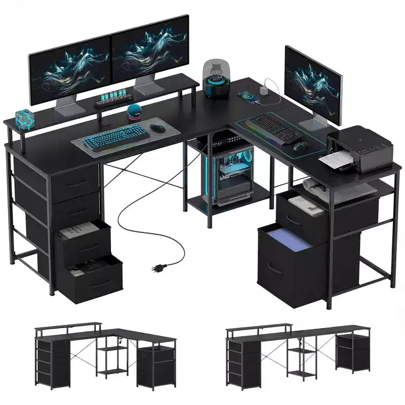 HOMCOM 66 Reversible L Shaped Desk with File Drawer, 105 Two Person Desk with Power Outlet and LED Light, Monitor Shelf and CPU Stand
