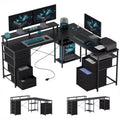 HOMCOM 66 Reversible L Shaped Desk with File Drawer, 105 Two Person Desk with Power Outlet and LED Light, Monitor Shelf and CPU Stand