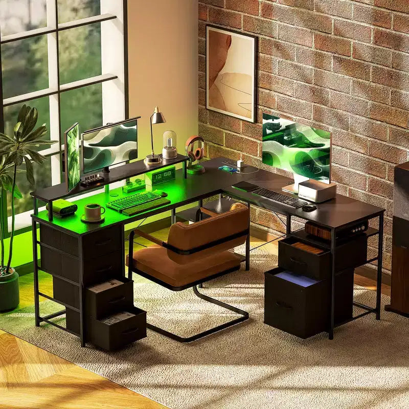 HOMCOM 66 Reversible L Shaped Desk with File Drawer, 105 Two Person Desk with Power Outlet and LED Light, Monitor Shelf and CPU Stand