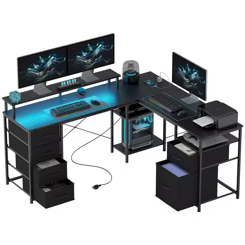 HOMCOM 66 Reversible L Shaped Desk with File Drawer, 105 Two Person Desk with Power Outlet and LED Light, Monitor Shelf and CPU Stand