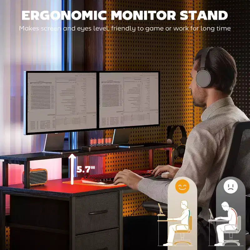 HOMCOM 66 Reversible L Shaped Desk with File Drawer, 105 Two Person Desk with Power Outlet and LED Light, Monitor Shelf and CPU Stand