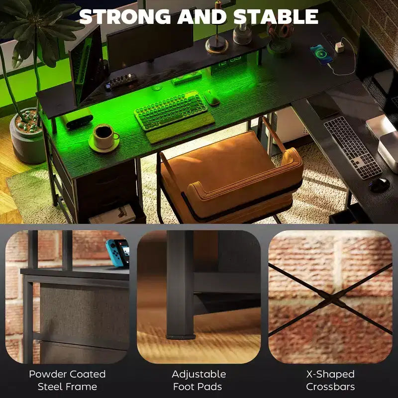 HOMCOM 66 Reversible L Shaped Desk with File Drawer, 105 Two Person Desk with Power Outlet and LED Light, Monitor Shelf and CPU Stand