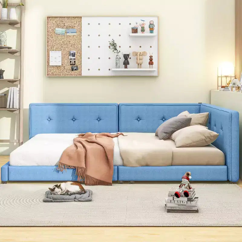 Queen/Full Size Platform Bed Frame, Upholstered Floor Bed Daybed with USB Ports -ModernLuxe