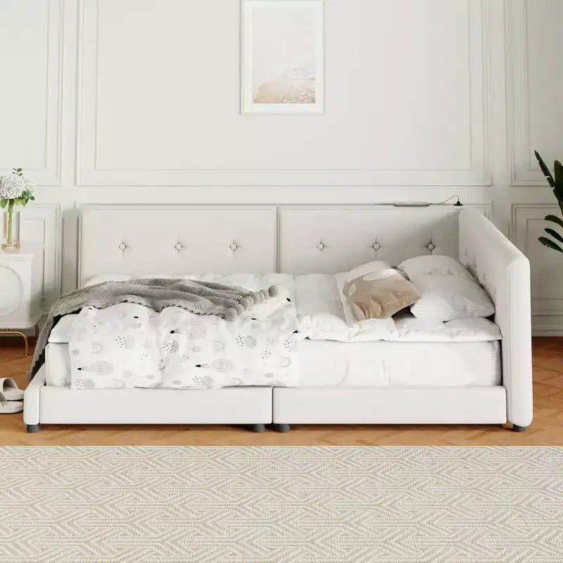 Queen/Full Size Platform Bed Frame, Upholstered Floor Bed Daybed with USB Ports -ModernLuxe