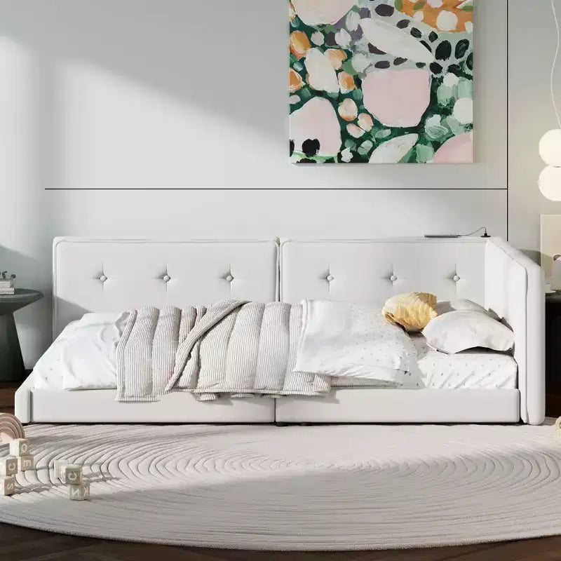 Queen/Full Size Platform Bed Frame, Upholstered Floor Bed Daybed with USB Ports -ModernLuxe