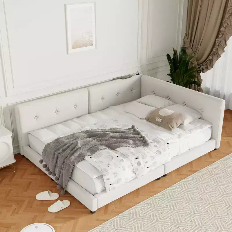 Queen/Full Size Platform Bed Frame, Upholstered Floor Bed Daybed with USB Ports -ModernLuxe