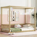 Twin Size Canopy Frame Floor Bed with Fence Constructed for Durability