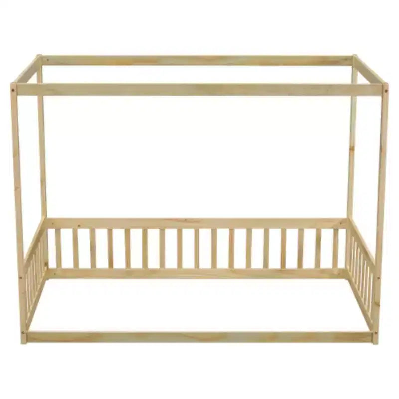 Twin Size Canopy Frame Floor Bed with Fence Constructed for Durability