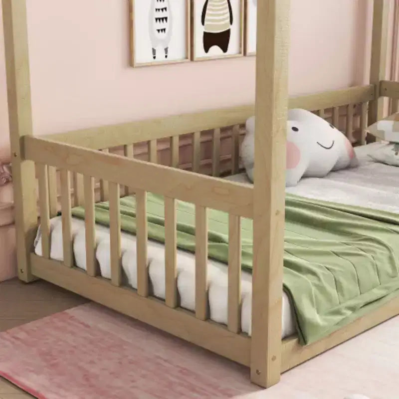 Twin Size Canopy Frame Floor Bed with Fence Constructed for Durability