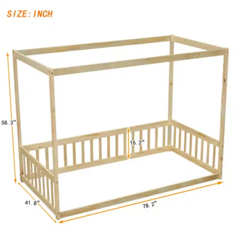 Twin Size Canopy Frame Floor Bed with Fence Constructed for Durability