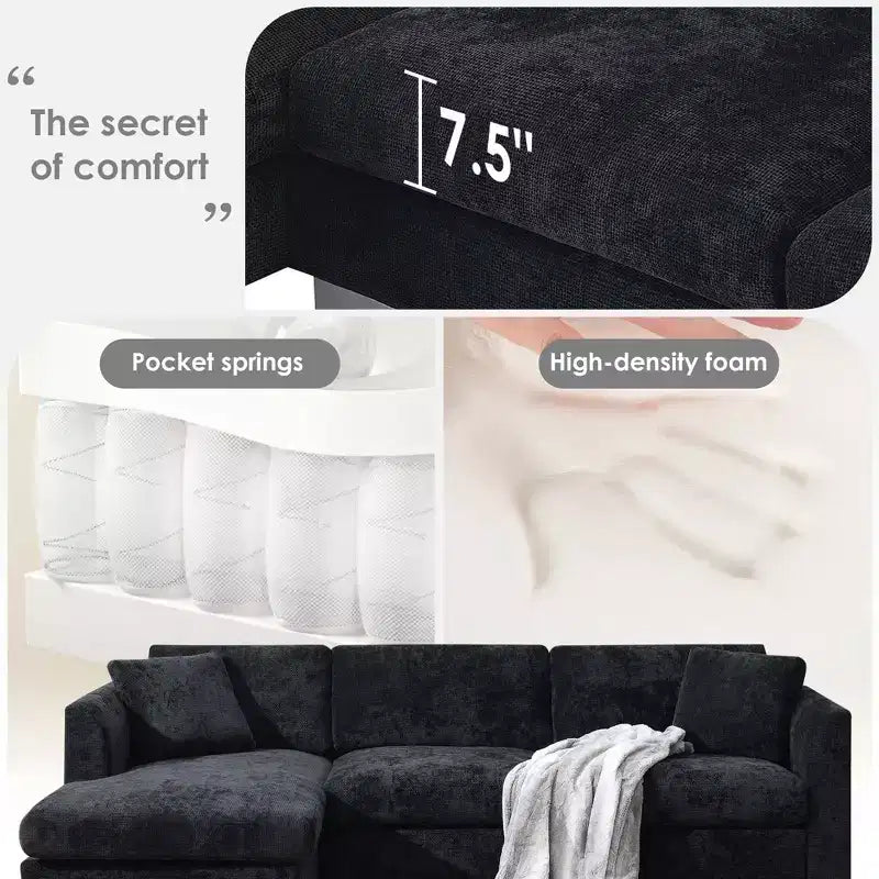 Modern L-Shaped Cloud Sofa: 4-Seat Chenille Luxury Couch with Oversized Chaise, 2 Free Pillows - Ideal for Living Room, Apartment, Office