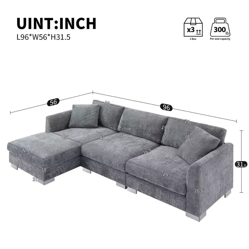 Modern L-Shaped Cloud Sofa: 4-Seat Chenille Luxury Couch with Oversized Chaise, 2 Free Pillows - Ideal for Living Room, Apartment, Office