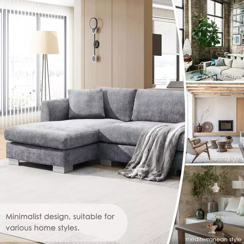 Modern L-Shaped Cloud Sofa: 4-Seat Chenille Luxury Couch with Oversized Chaise, 2 Free Pillows - Ideal for Living Room, Apartment, Office