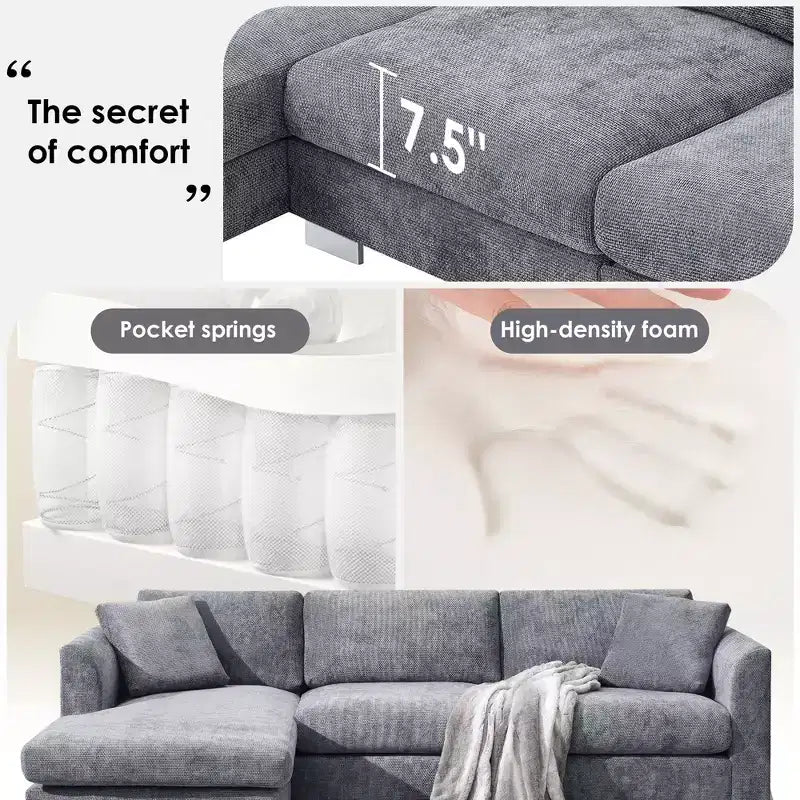 Modern L-Shaped Cloud Sofa: 4-Seat Chenille Luxury Couch with Oversized Chaise, 2 Free Pillows - Ideal for Living Room, Apartment, Office