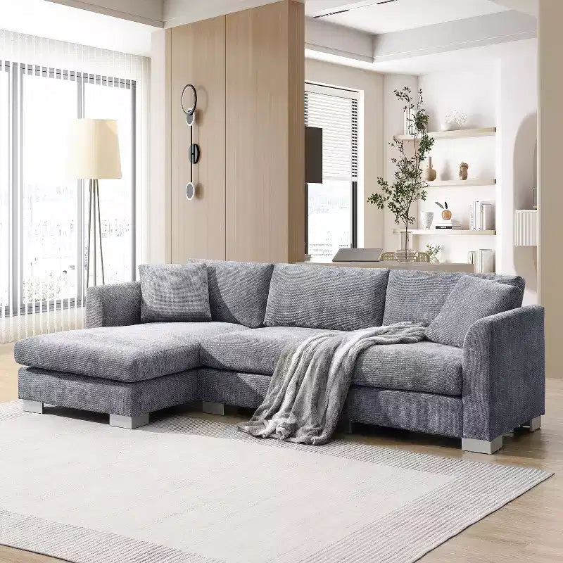 Modern L-Shaped Cloud Sofa: 4-Seat Chenille Luxury Couch with Oversized Chaise, 2 Free Pillows - Ideal for Living Room, Apartment, Office