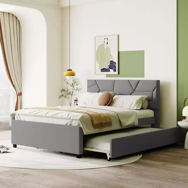 Luxury Linen Upholstered Bed with Stylish Brick Headboard & Twin XL Trundle - Dream Bedroom Essential