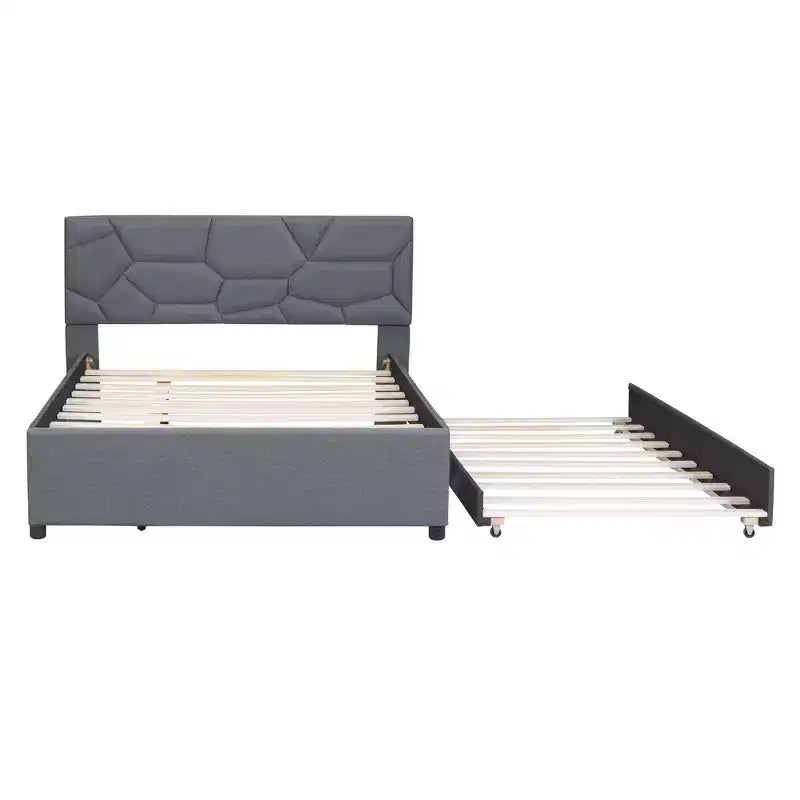 Luxury Linen Upholstered Bed with Stylish Brick Headboard & Twin XL Trundle - Dream Bedroom Essential