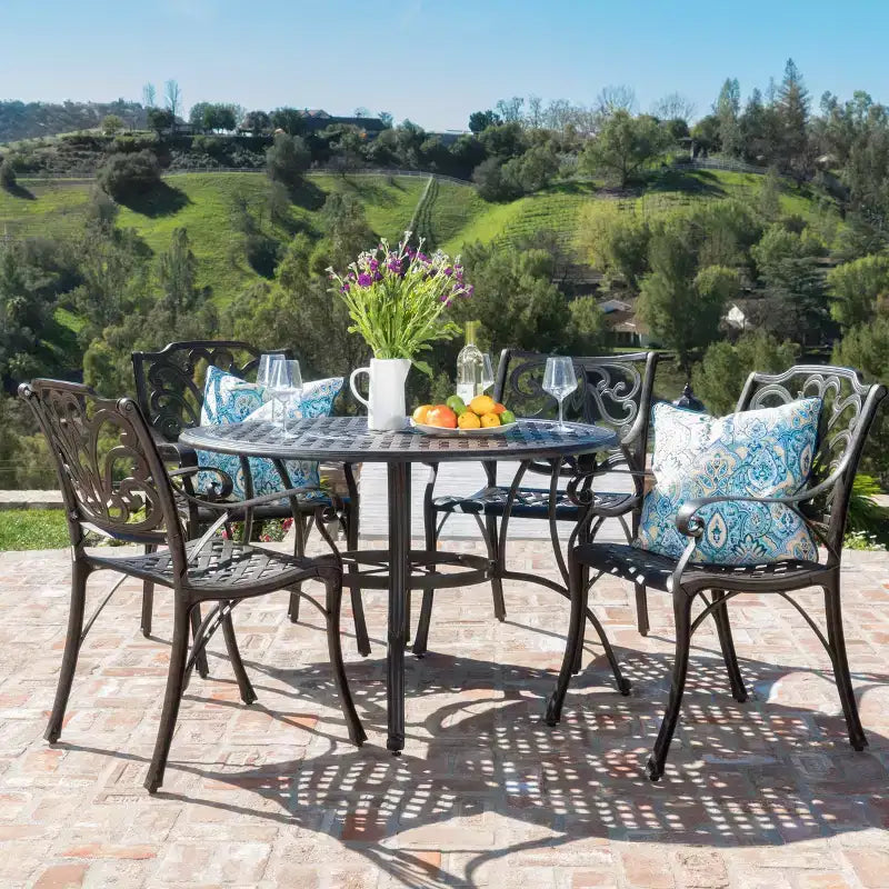 Ensemble de salle à manger extérieur 5 pièces en aluminium Christopher Knight Home Alfresco avec motif en treillis et trou pour parasol, bronze