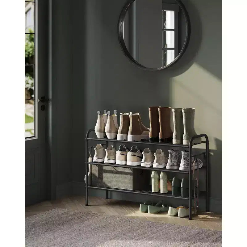 SONGMICS Shoe Rack, 3-Tier Shoe Organizer, Metal Shoe Shelf Storage with 4 Side Hooks, Holds 15 Pairs of Shoes, Height-Adjustable Shoe Rack, Ink Black