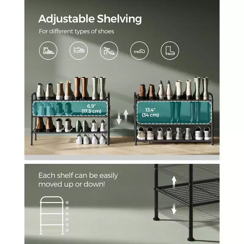 SONGMICS Shoe Rack, 3-Tier Shoe Organizer, Metal Shoe Shelf Storage with 4 Side Hooks, Holds 15 Pairs of Shoes, Height-Adjustable Shoe Rack, Ink Black