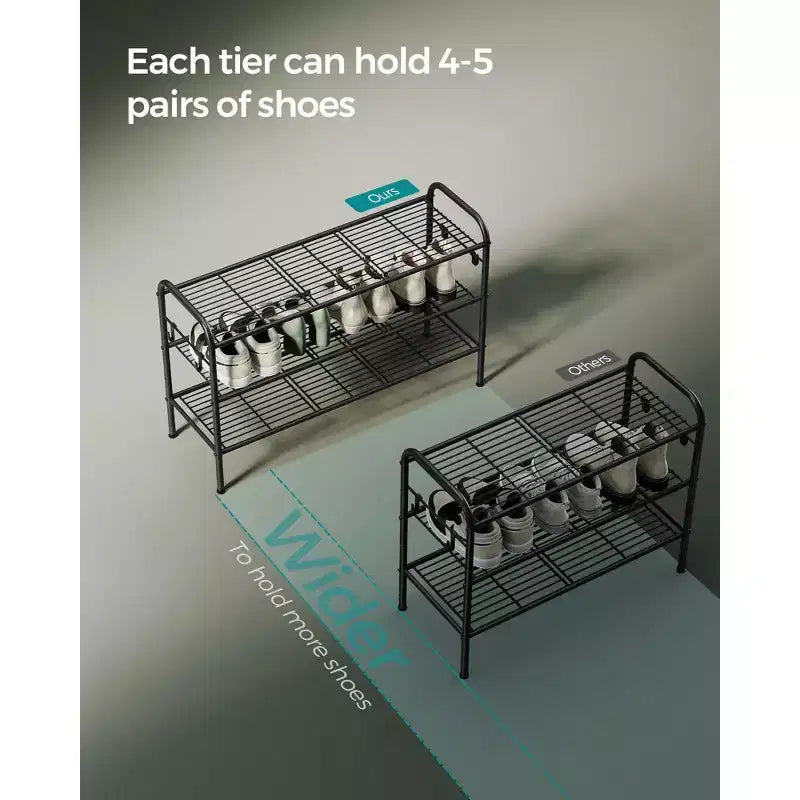 SONGMICS Shoe Rack, 3-Tier Shoe Organizer, Metal Shoe Shelf Storage with 4 Side Hooks, Holds 15 Pairs of Shoes, Height-Adjustable Shoe Rack, Ink Black