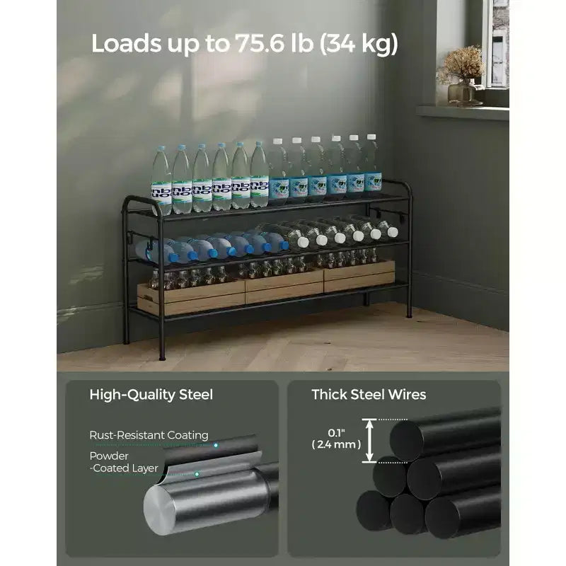 SONGMICS Shoe Rack, 3-Tier Shoe Organizer, Metal Shoe Shelf Storage with 4 Side Hooks, Holds 15 Pairs of Shoes, Height-Adjustable Shoe Rack, Ink Black