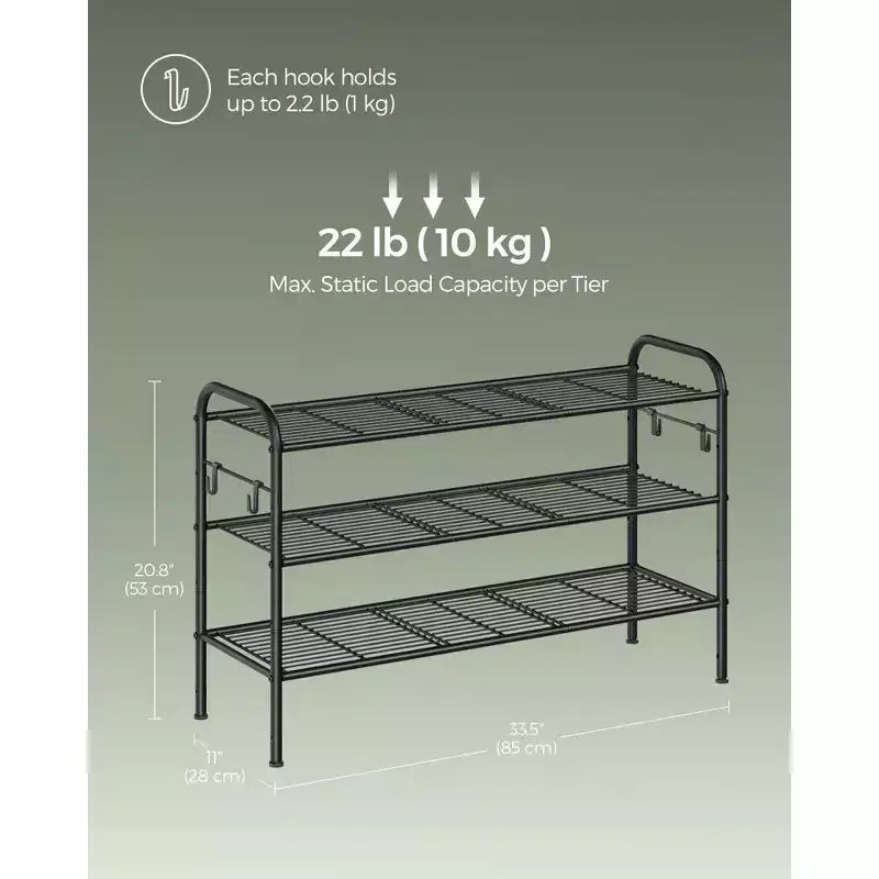 SONGMICS Shoe Rack, 3-Tier Shoe Organizer, Metal Shoe Shelf Storage with 4 Side Hooks, Holds 15 Pairs of Shoes, Height-Adjustable Shoe Rack, Ink Black