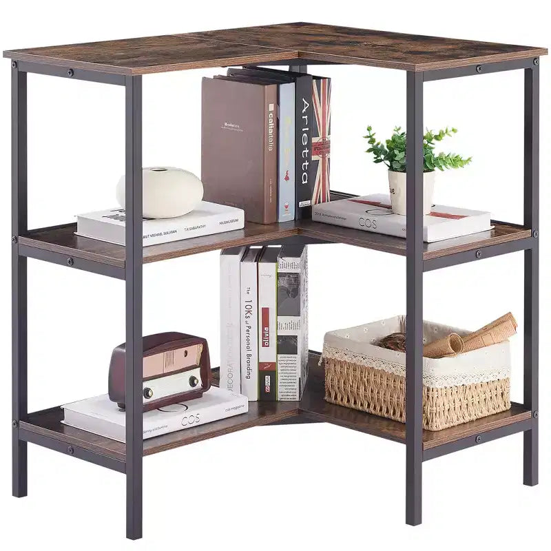 VECELO 3-Tier Open Shelf Corner Cabinet Table, Multipurpose Display Organizer Storage Stand for Small Space or Living Room, Brown/Gray