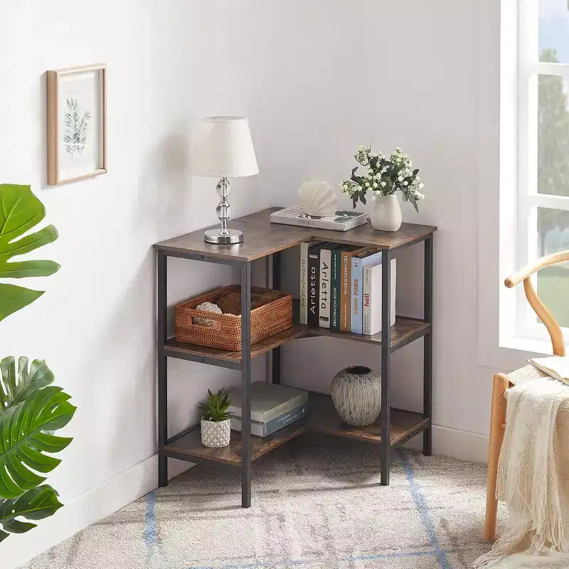 VECELO 3-Tier Open Shelf Corner Cabinet Table, Multipurpose Display Organizer Storage Stand for Small Space or Living Room, Brown/Gray