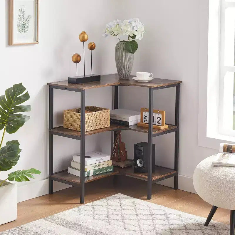 VECELO 3-Tier Open Shelf Corner Cabinet Table, Multipurpose Display Organizer Storage Stand for Small Space or Living Room, Brown/Gray