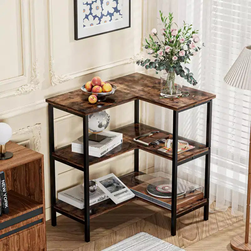 VECELO 3-Tier Open Shelf Corner Cabinet Table, Multipurpose Display Organizer Storage Stand for Small Space or Living Room, Brown/Gray